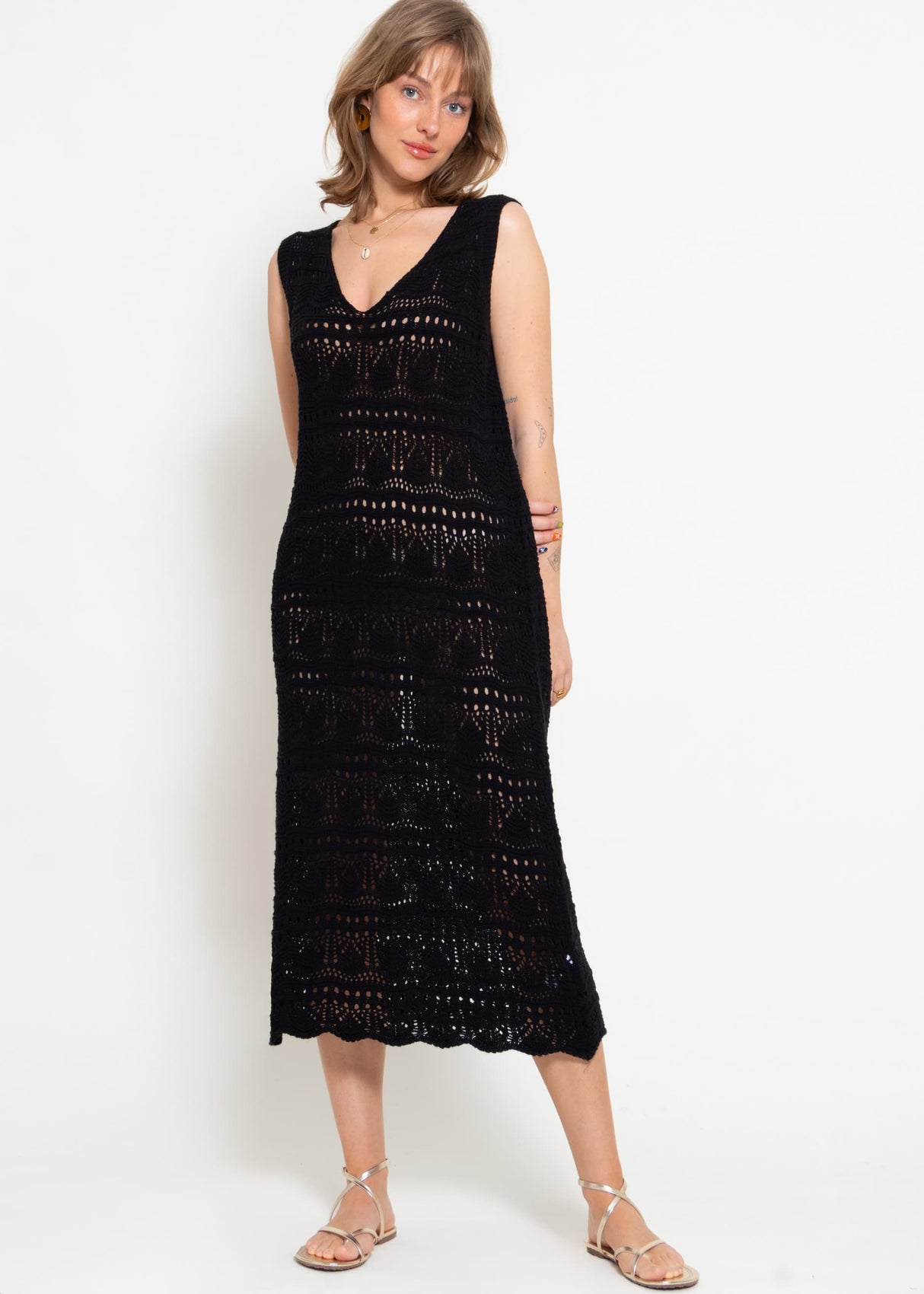 Ärmelloses Strickkleid mit Strukturmuster - schwarz
