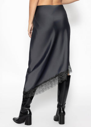Asymmetrischer Satinrock mit Spitzenbesatz - grau