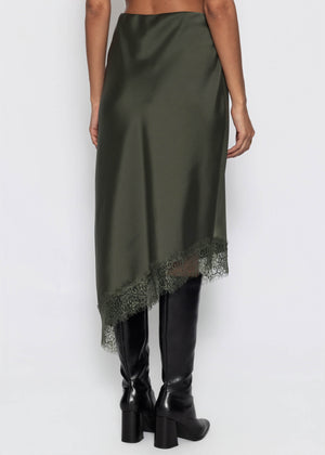 Asymmetrischer Satinrock mit Spitzenbesatz - khaki