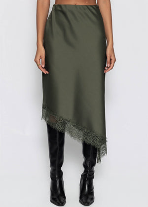 Asymmetrischer Satinrock mit Spitzenbesatz - khaki
