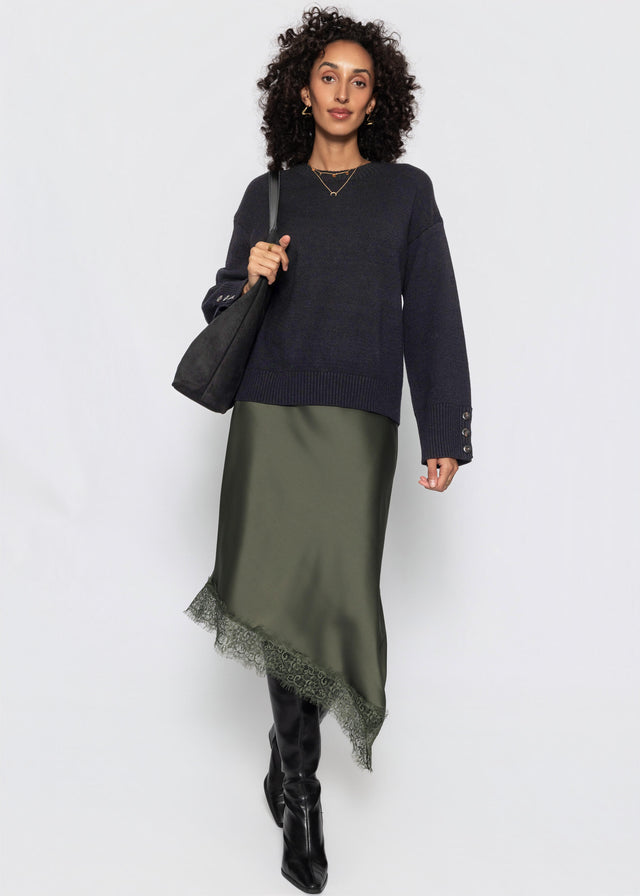 Asymmetrischer Satinrock mit Spitzenbesatz - khaki