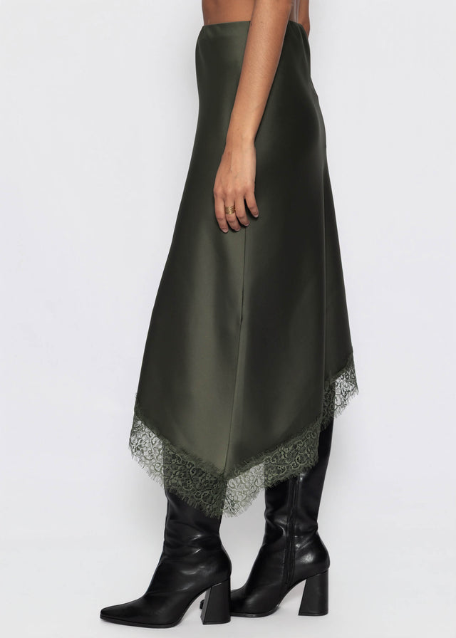 Asymmetrischer Satinrock mit Spitzenbesatz - khaki