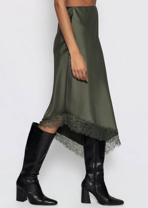 Asymmetrischer Satinrock mit Spitzenbesatz - khaki