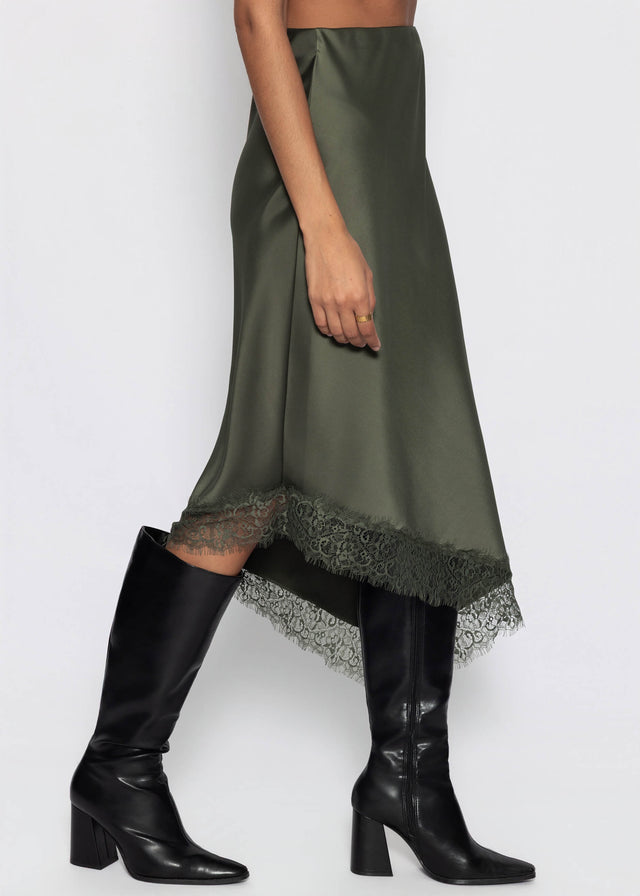 Asymmetrischer Satinrock mit Spitzenbesatz - khaki
