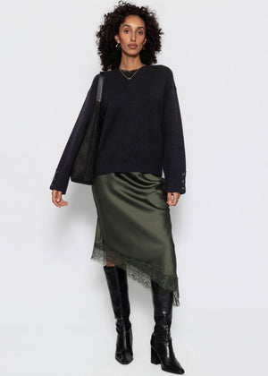 Asymmetrischer Satinrock mit Spitzenbesatz - khaki