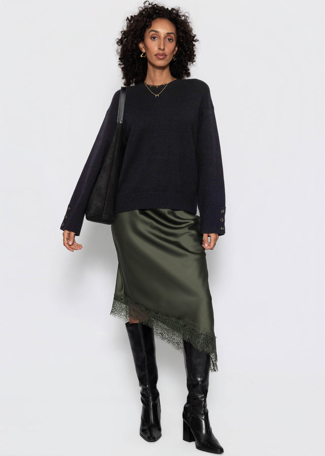 Asymmetrischer Satinrock mit Spitzenbesatz - khaki