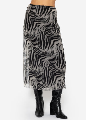 Ausgestellter Mesh Rock mit Zebra-Print - hellgrau