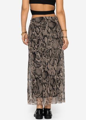 Ausgestellter Meshrock mit Snake-Print - braun