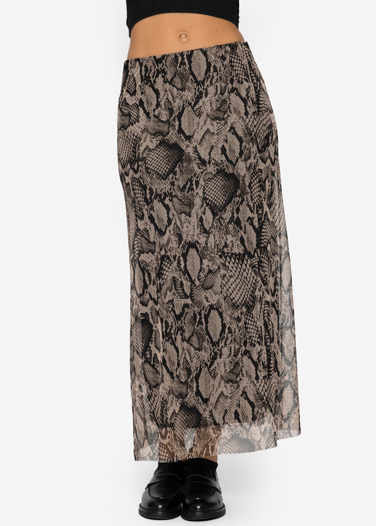 Ausgestellter Meshrock mit Snake-Print - braun