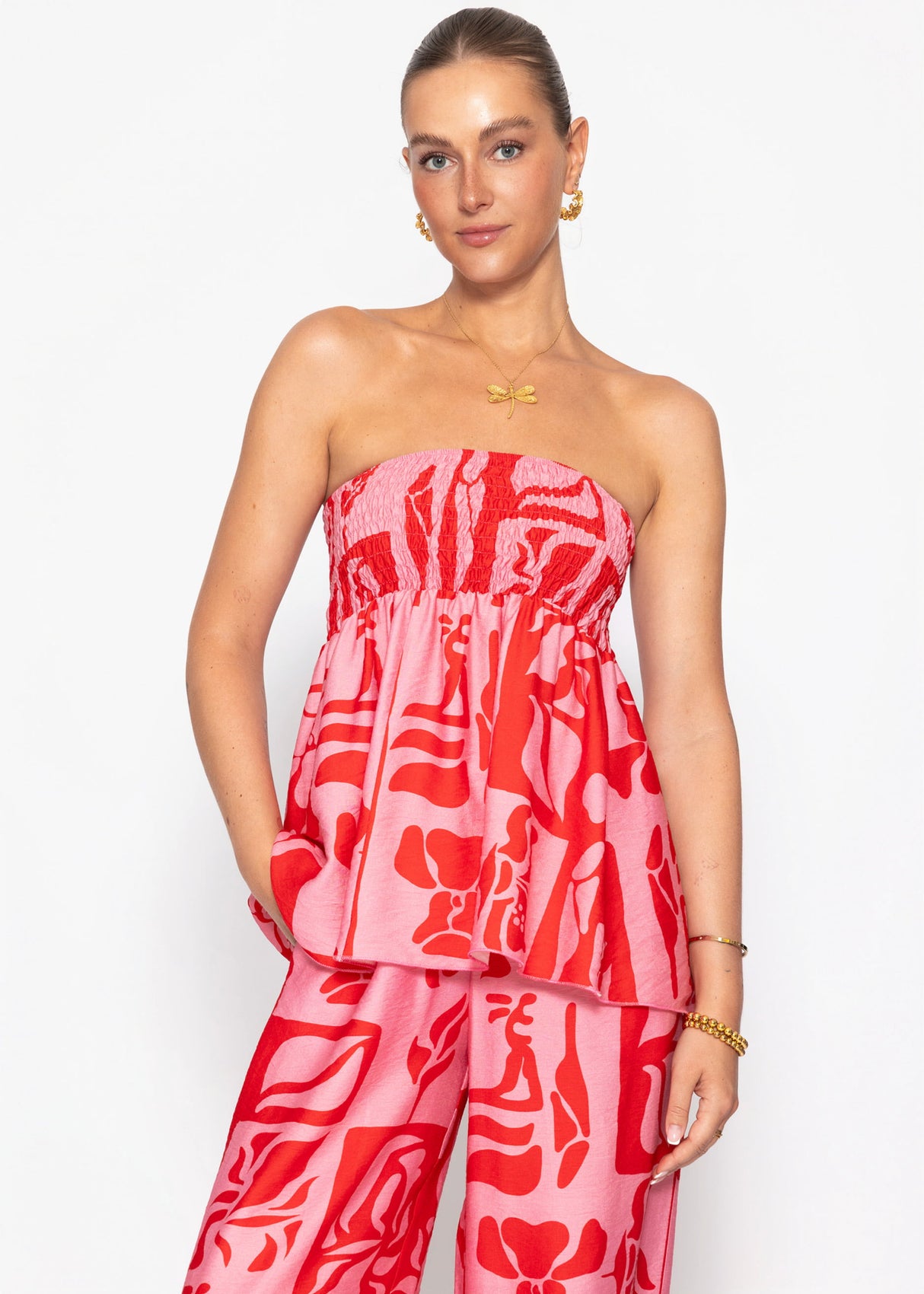 Bandeau Top mit Kunstprint - pink-rot
