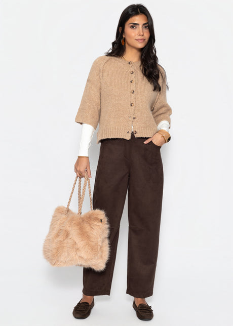 Faux suede barrel-leg trousers - dark brown