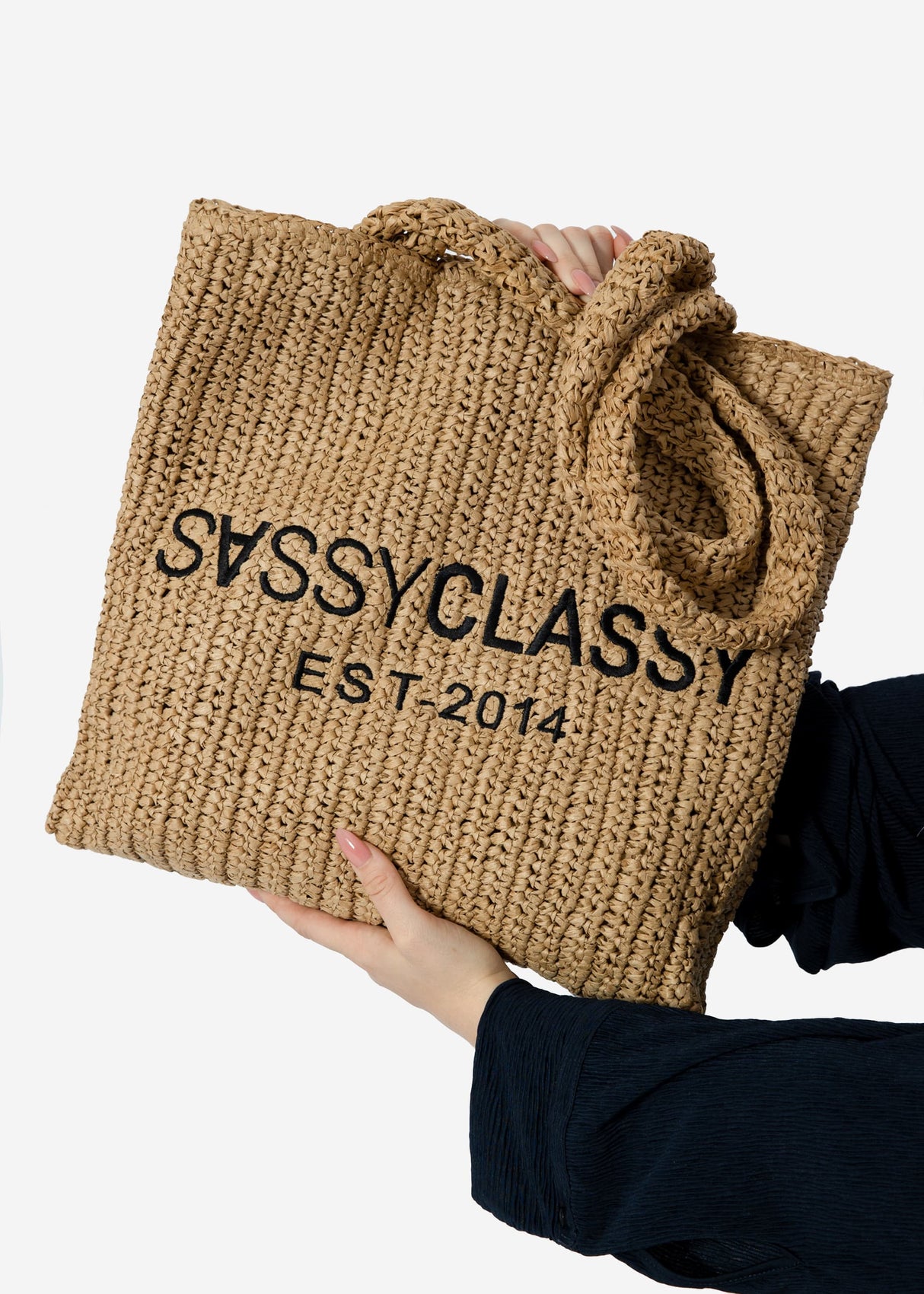 Raffia shopper with logo - beige
