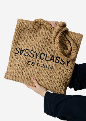 Raffia shopper with logo - beige