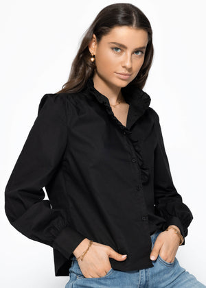 Cotton blouse with ruffles - black