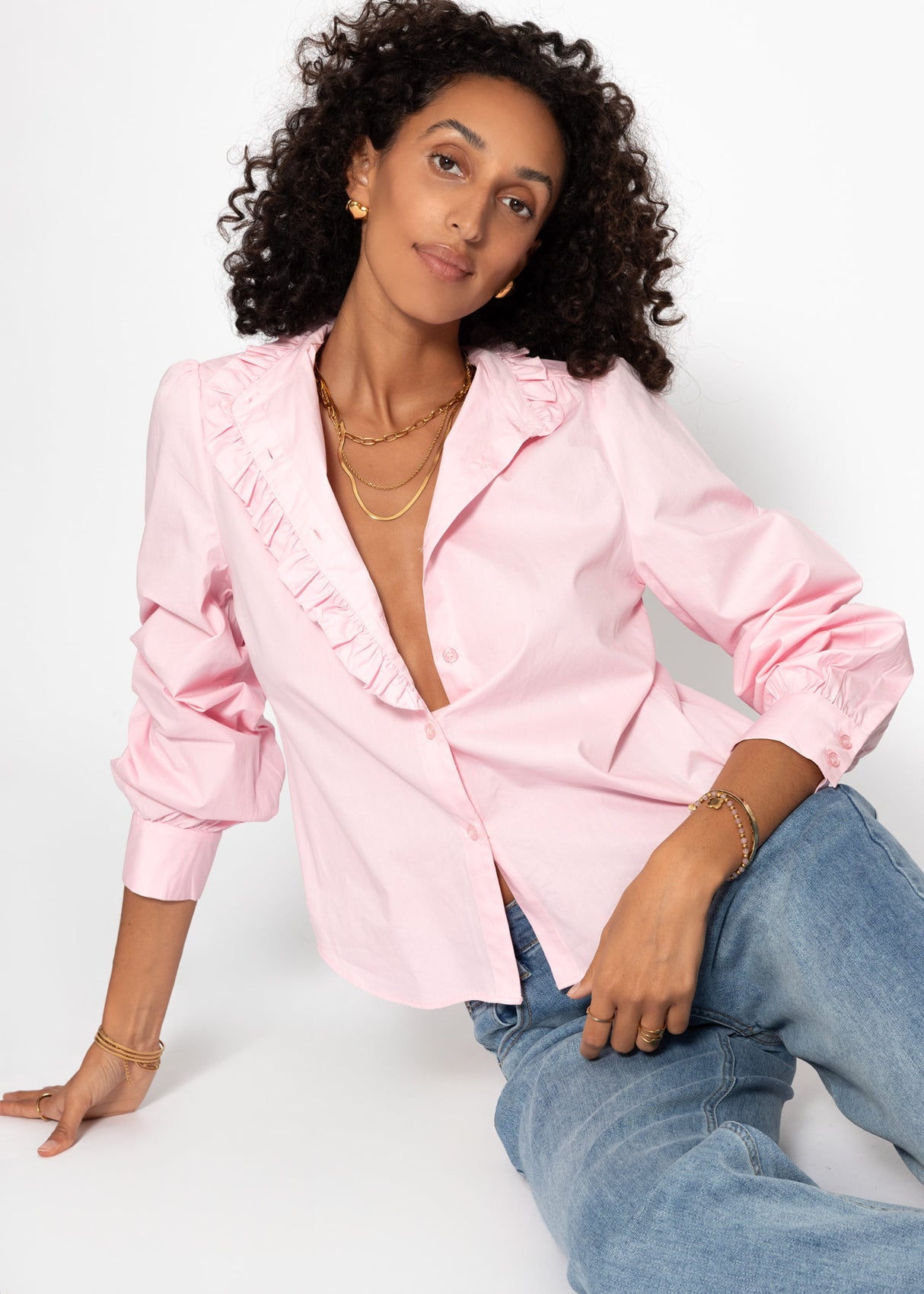 Baumwoll Bluse mit Rüschen - rosa