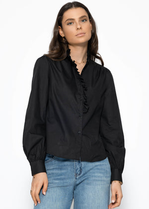 Cotton blouse with ruffles - black