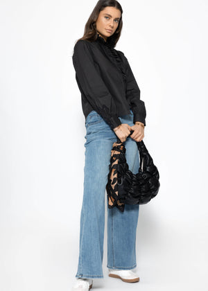 Cotton blouse with ruffles - black