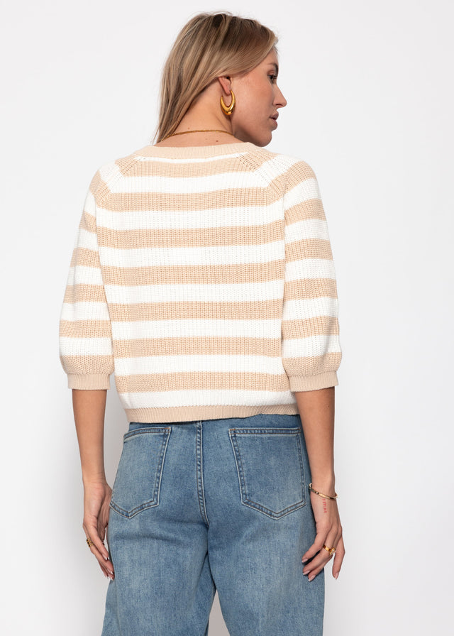 Cotton jumper with three-quarter sleeves and stripes - beige-off-white