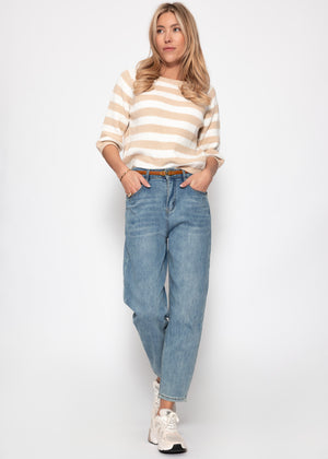 Baumwoll-Pullover mit 3/4-Ärmeln und Streifen - beige-offwhite