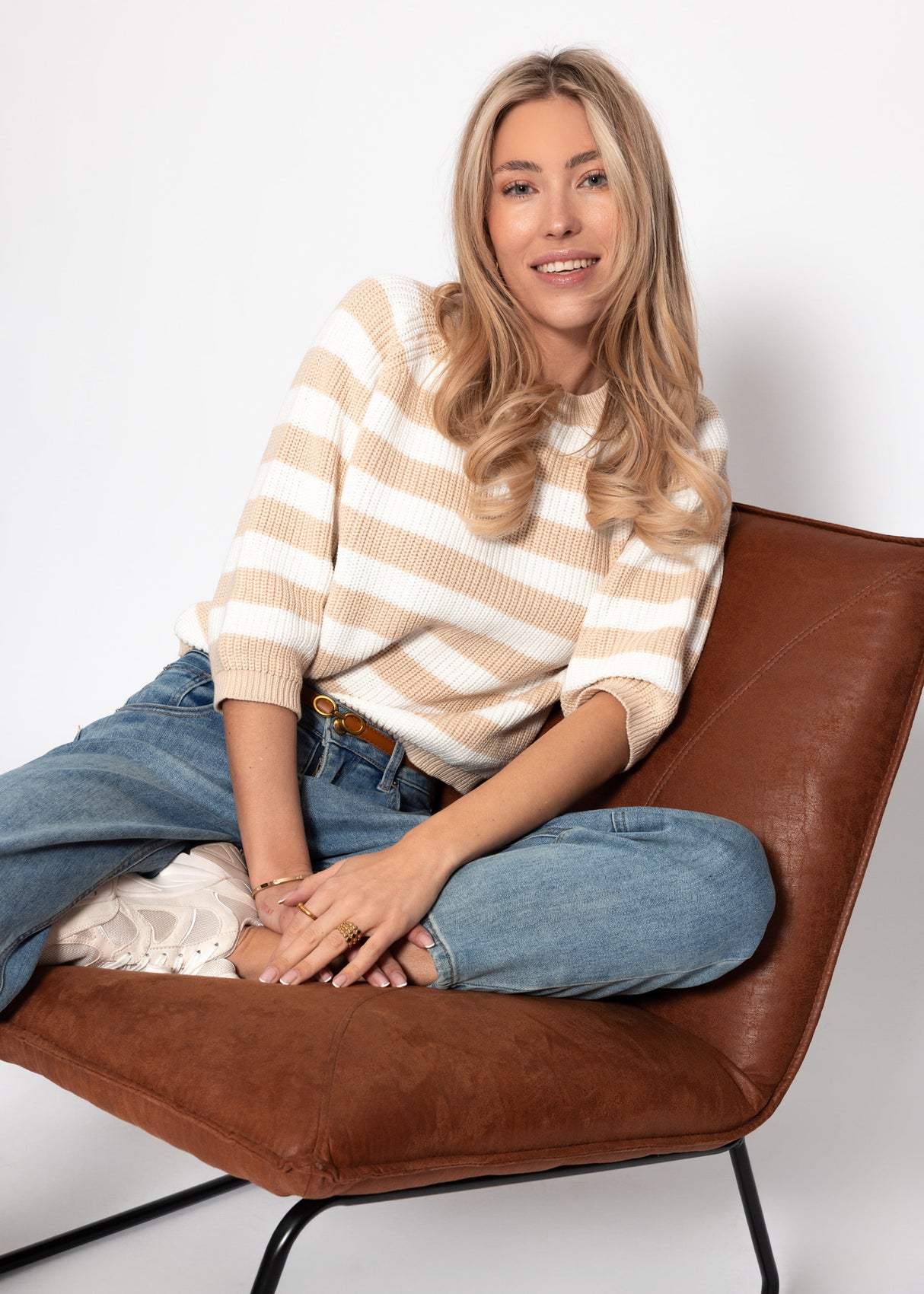 Baumwoll-Pullover mit 3/4-Ärmeln und Streifen - beige-offwhite