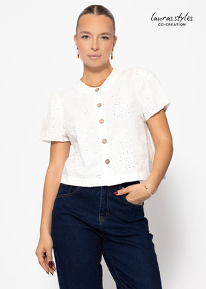 Bluse mit kurzen Ärmeln und Stickerei - offwhite