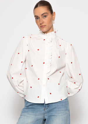 Blouse with red heart embroidery - white