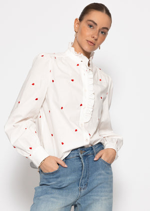 Blouse with red heart embroidery - white