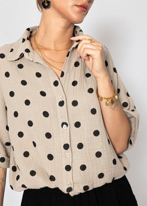 Bluse mit Zugband und Punkten - taupe