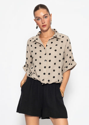 Bluse mit Zugband und Punkten - taupe