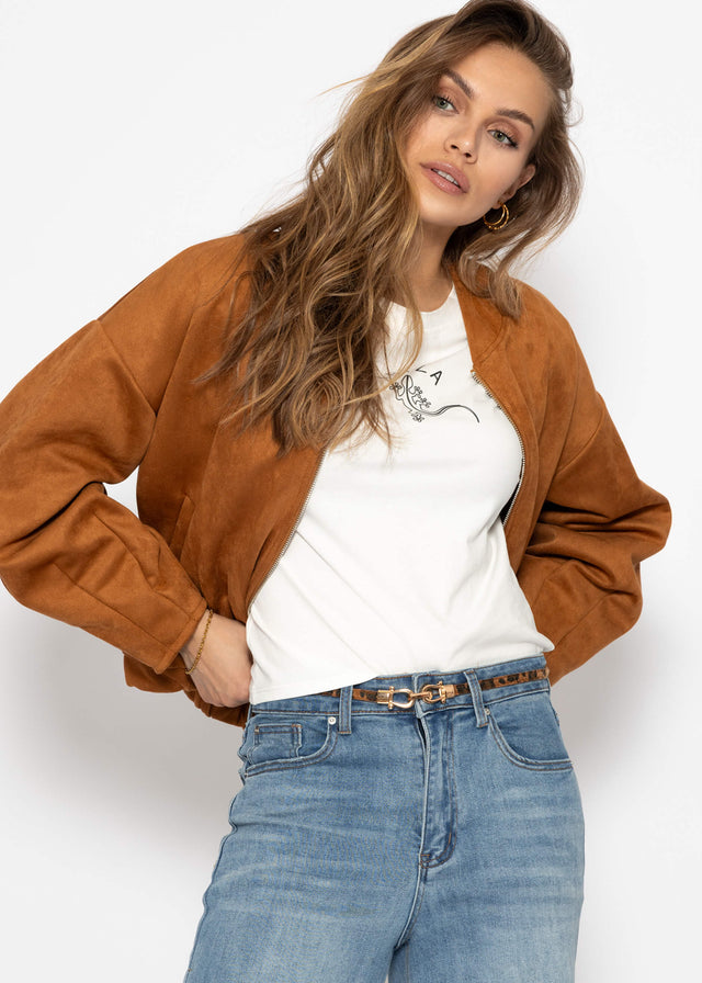 Oversized faux suede bomber jacket - brown