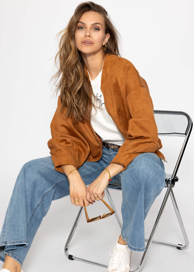 Oversized faux suede bomber jacket - brown