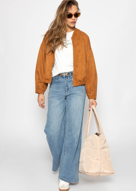 Oversized faux suede bomber jacket - brown