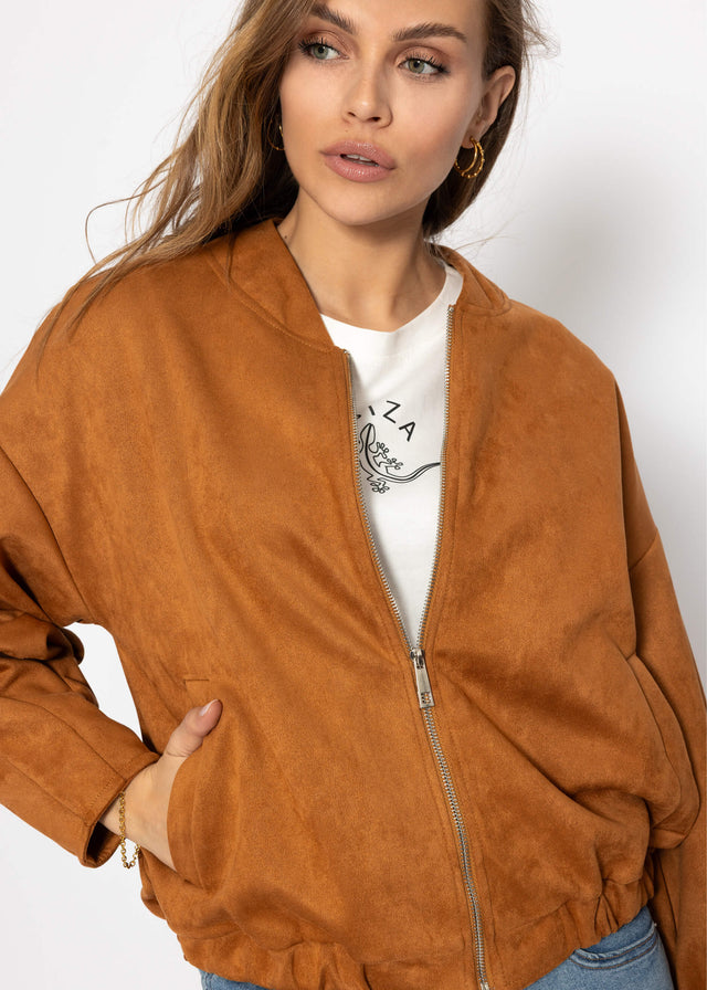 Oversized faux suede bomber jacket - brown