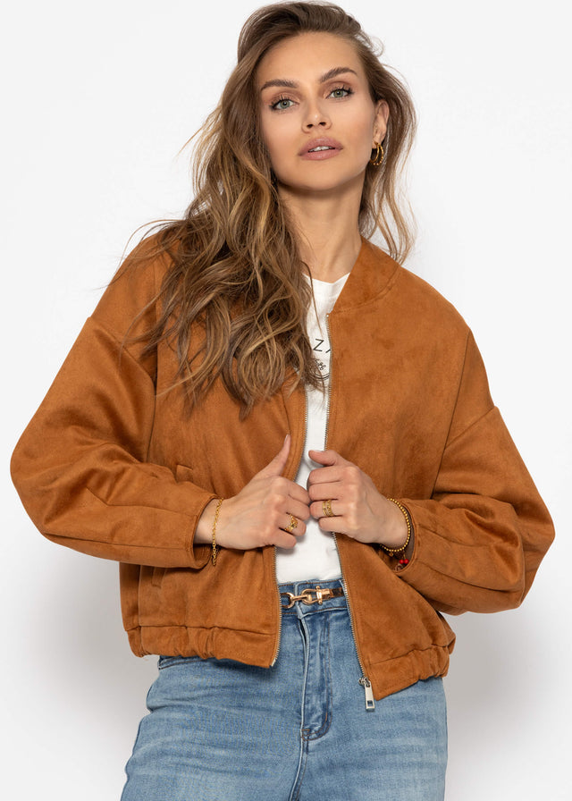 Oversized faux suede bomber jacket - brown