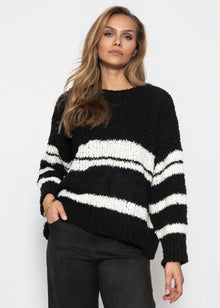 Bouclé Pullover mit Streifenmuster - schwarz
