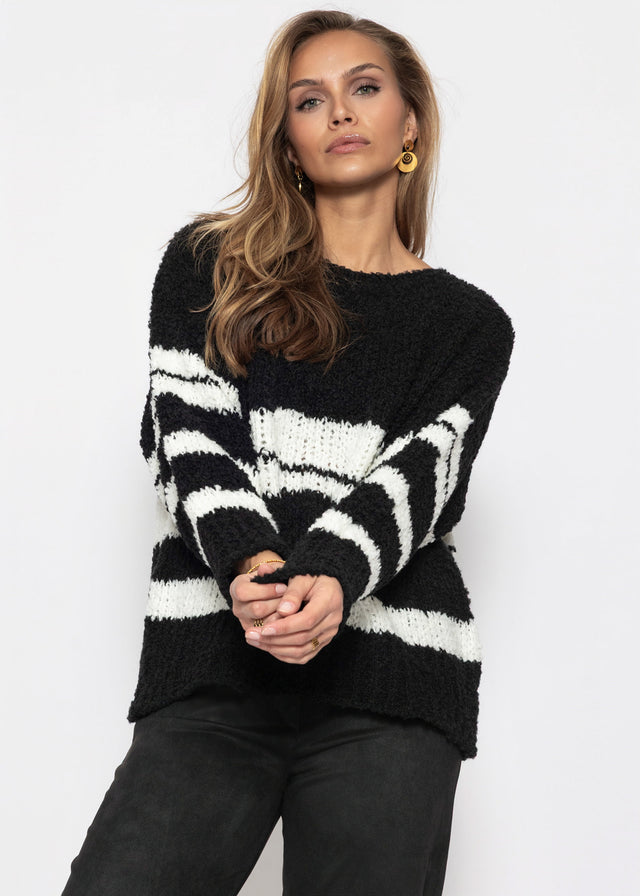 Bouclé Pullover mit Streifenmuster - schwarz