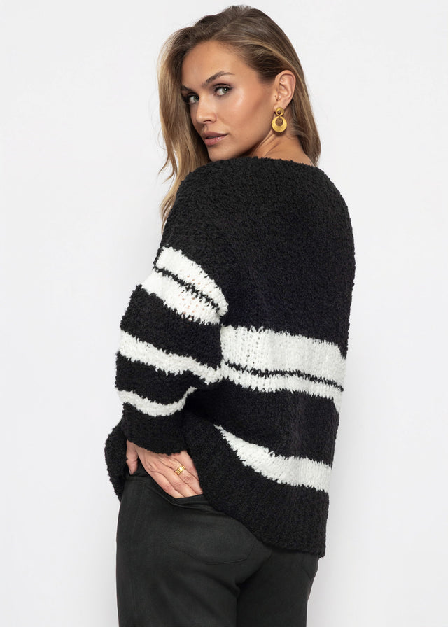 Bouclé Pullover mit Streifenmuster - schwarz
