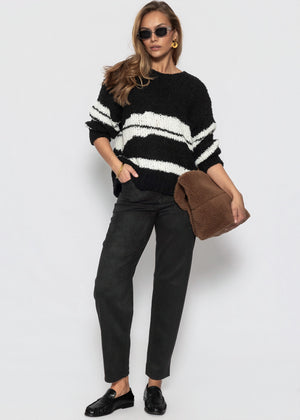 Bouclé Pullover mit Streifenmuster - schwarz