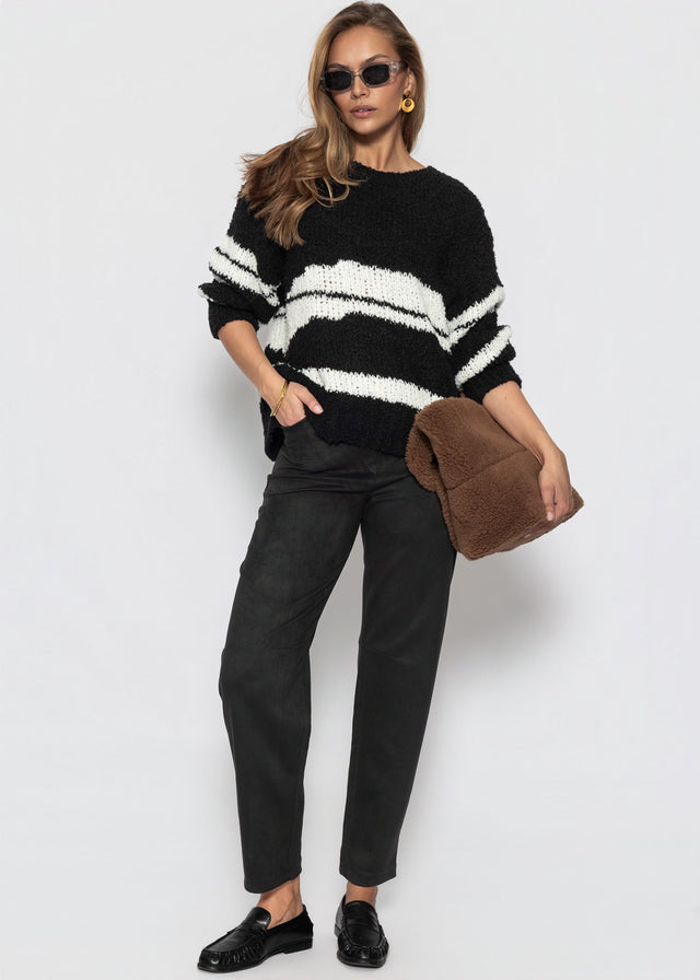 Bouclé Pullover mit Streifenmuster - schwarz