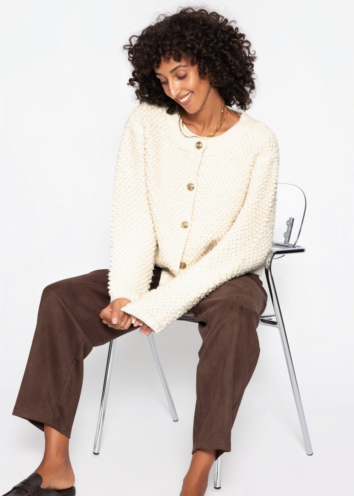 Bouclé Strickjacke - offwhite