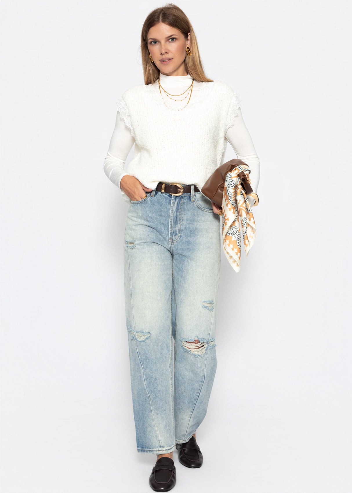 Bouclé Top mit Spitze - offwhite