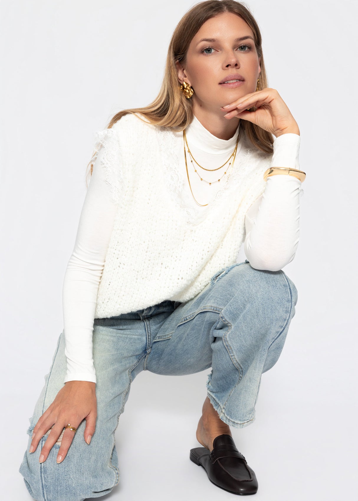 Bouclé Top mit Spitze - offwhite