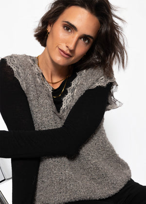 Bouclé Top mit Spitze - taupe