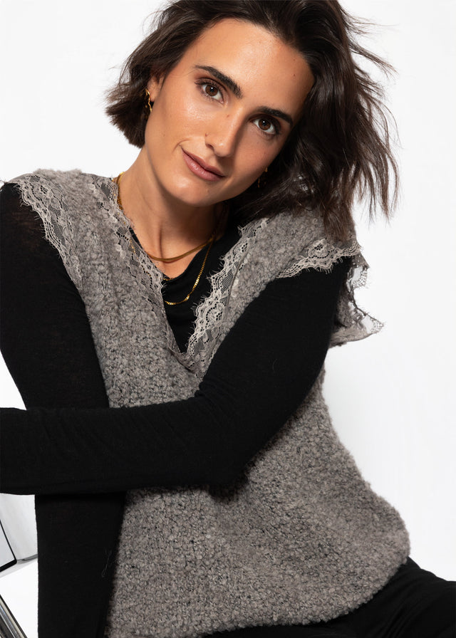 Bouclé Top mit Spitze - taupe - SASSYCLASSY