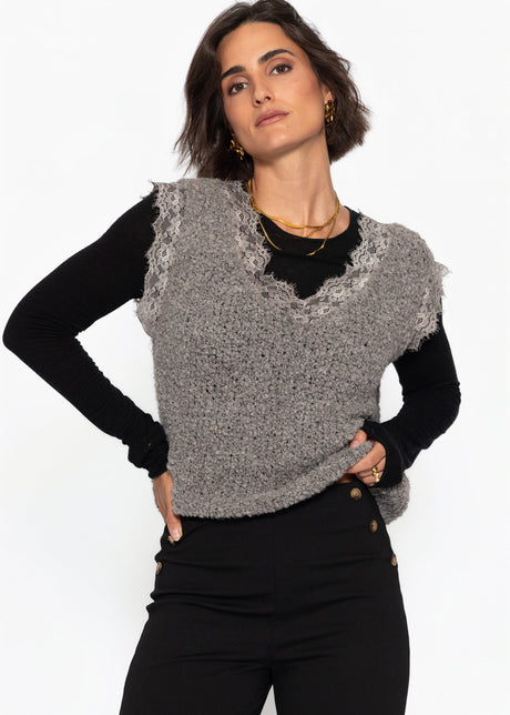 Bouclé Top mit Spitze - taupe - SASSYCLASSY