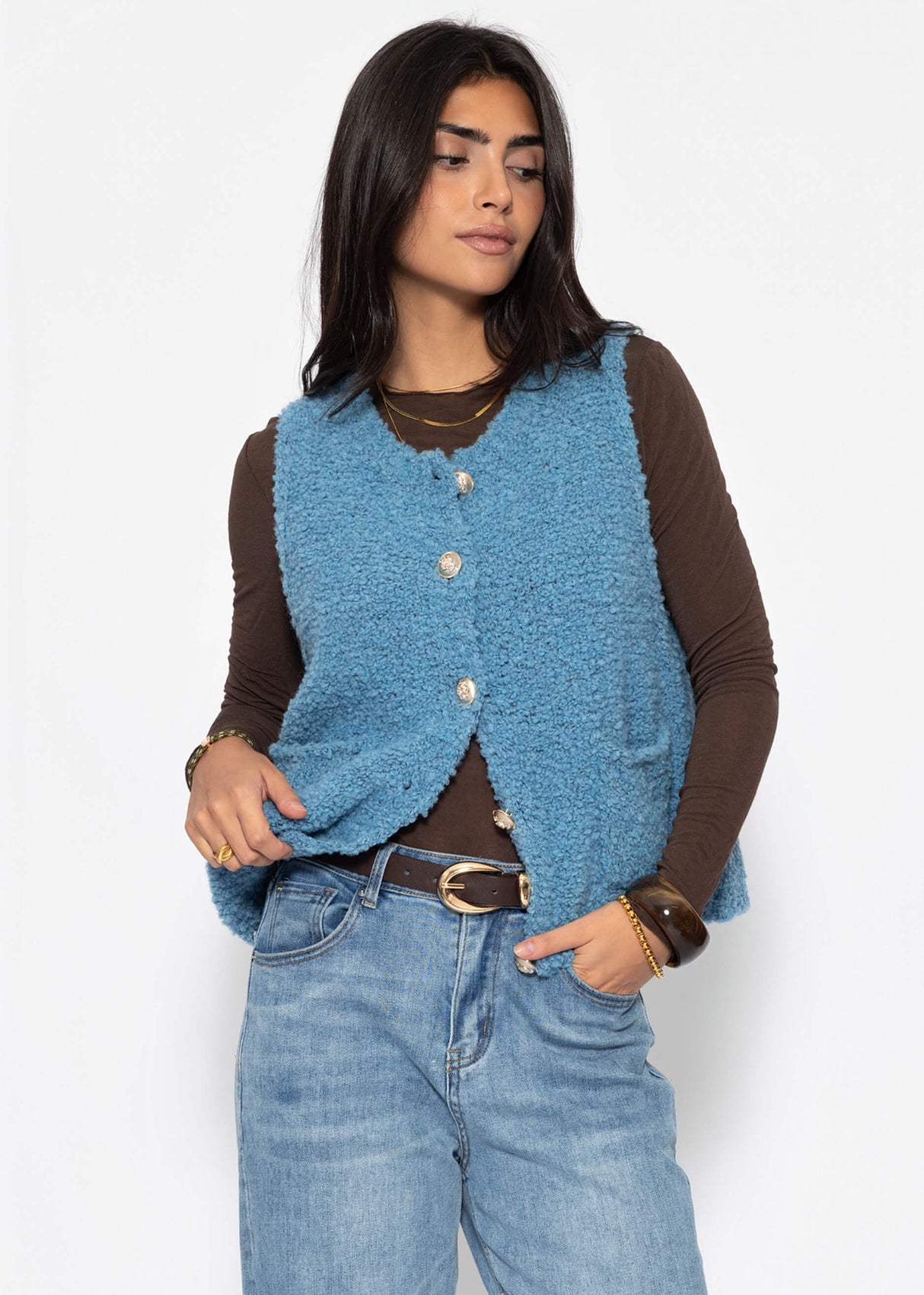 Bouclé-Weste mit Taschen - blau