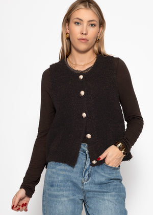 Bouclé-Weste mit Taschen - braun