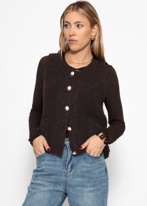 Bouclé-Weste mit Taschen - braun