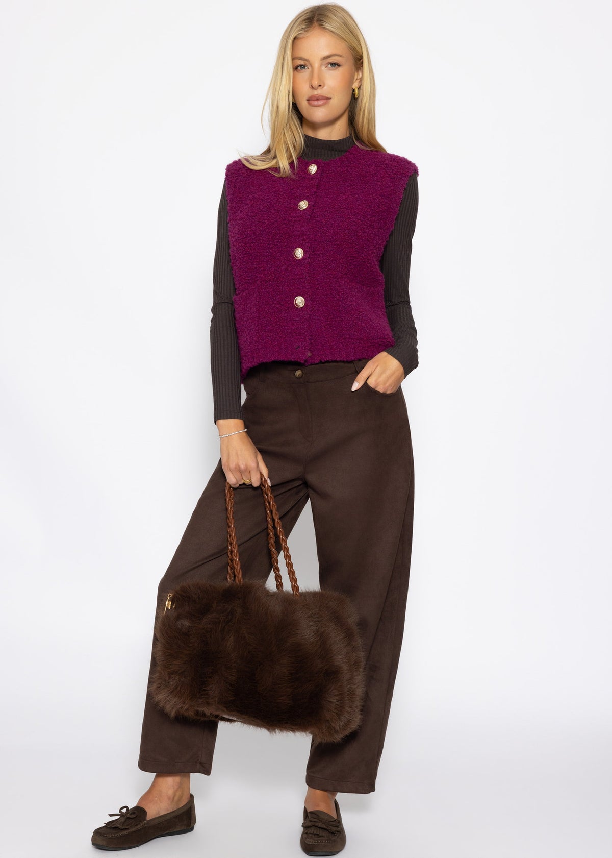 Bouclé-Weste mit Taschen - pflaume