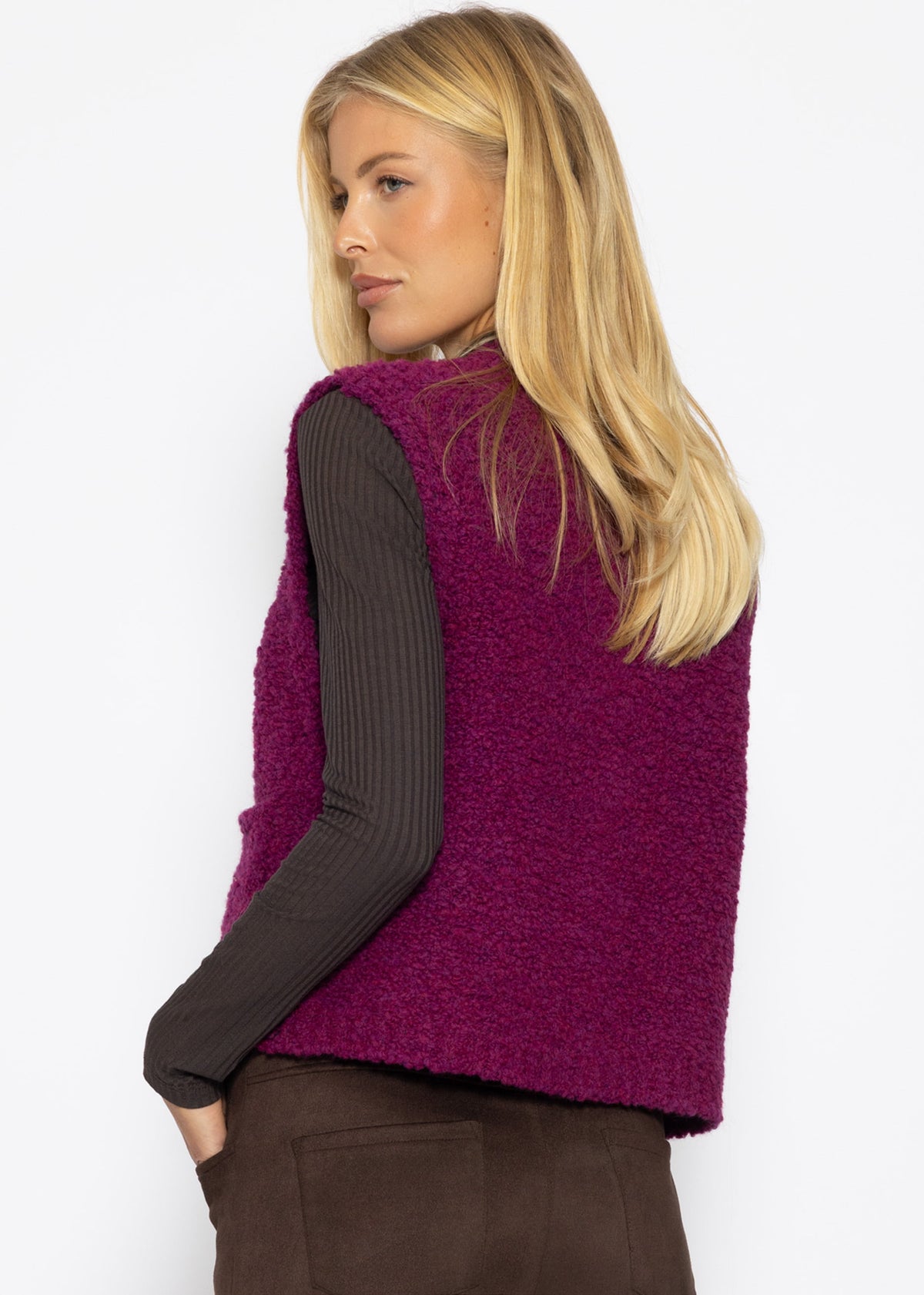 Bouclé-Weste mit Taschen - pflaume